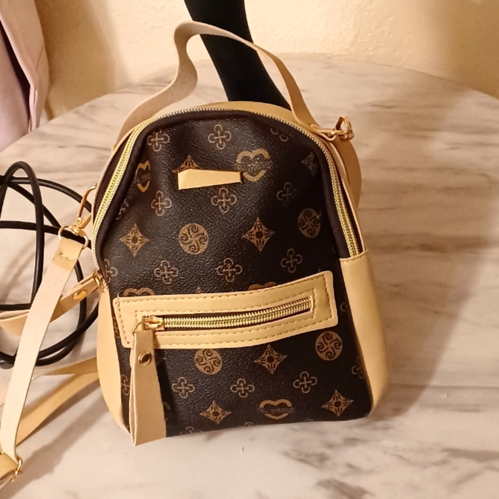(Khaki) Faux-leather mini-backpack purse